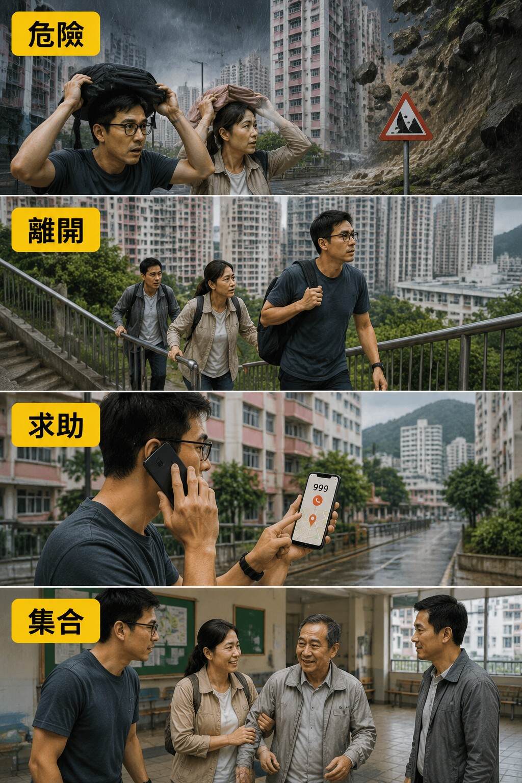 黃大仙防災流程真人漫畫:危險、離開、求助、集合四步流程