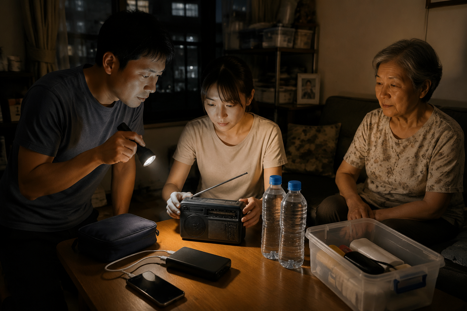 香港屋邨停電時,家庭使用電筒並準備食水、藥物及收音機的圖解