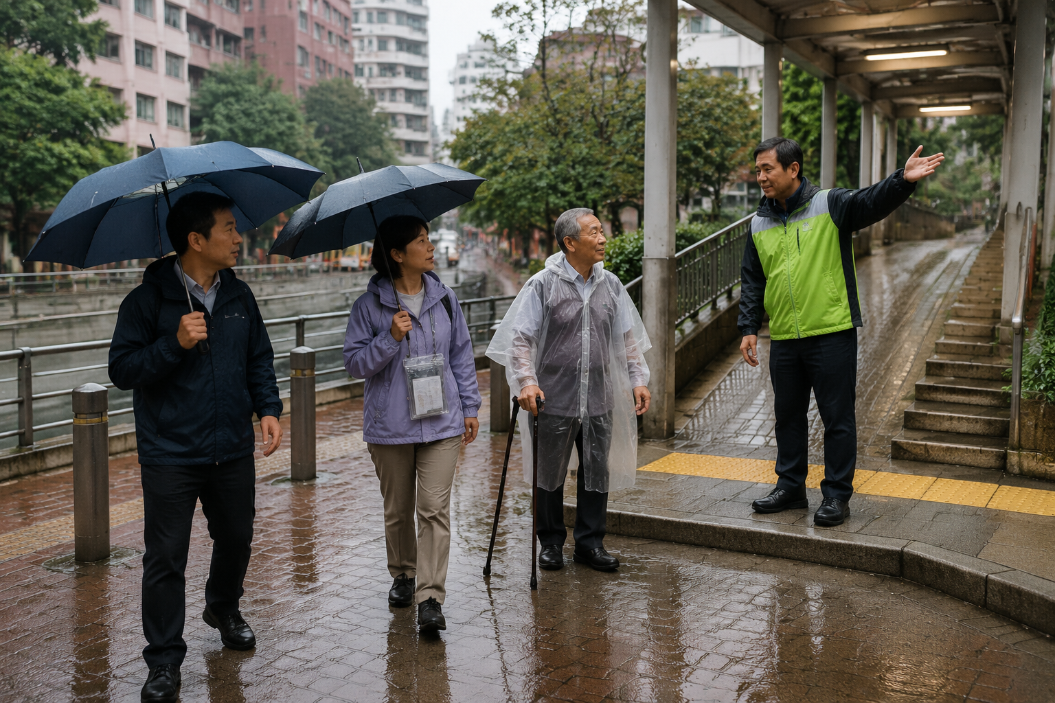 香港暴雨水浸時,街坊留在高處並遠離隧道及地庫的圖解